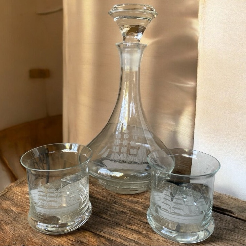 Vintage Mid Century Crystal
Decanter And Two Rocks Tumblers
Etched Nautical Ship